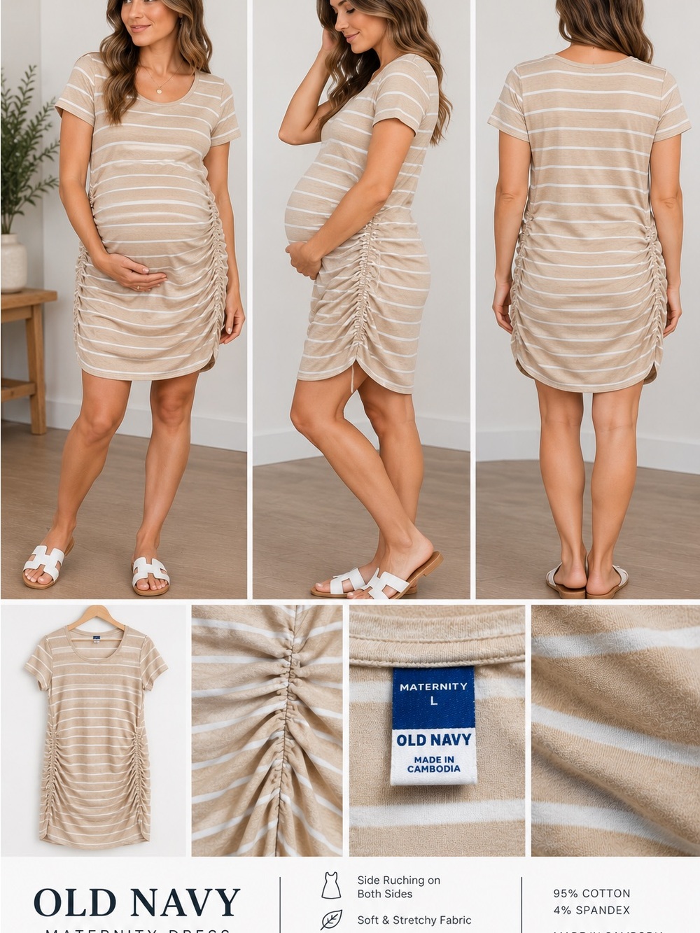Old Navy Maternity Beige Stripe Ruched Short Sleeve Dress